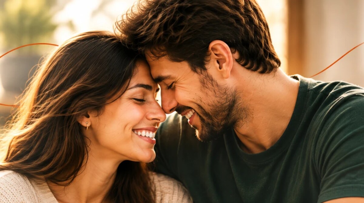 Casal sorrindo, testa com testa, em um momento de proximidade